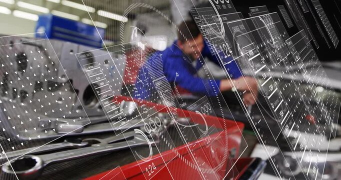 Vertical video: Mechanic fixing car engine after hood up, using wrench while HUD overlaying red box