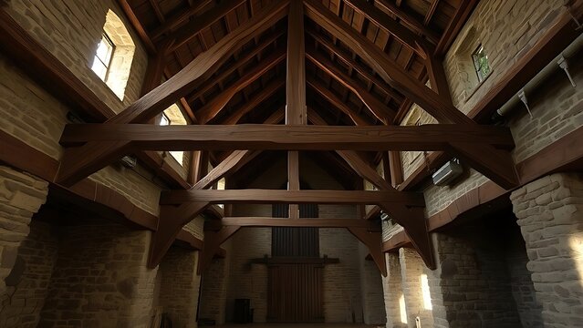 neutrino. Old barn interior with massive wooden beams and stone walls, rustic atmosphere. real-estate listings, architecture portfolios, designed for interior renovation comparisons for interiors.