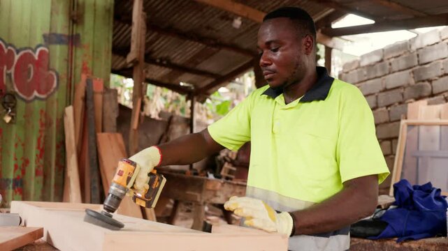 Local African male carpenter refines a wooden door panel using a hand drill with a brush attachment in his workshop