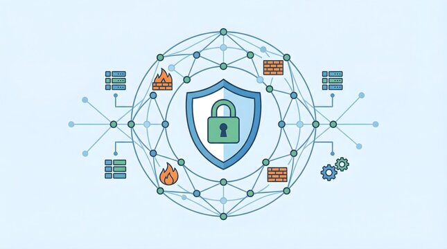 Digital shield with lock symbolizes network security and data protection, surrounded by interconnected nodes and firewalls.