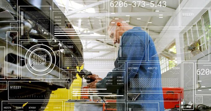 Worker pressing grinder into axle bolt for wheel fix, sparking, animated force lines showing torque