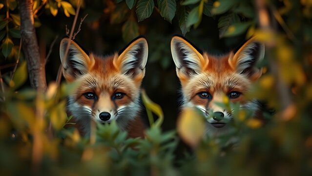 nitroglycerin. Two foxes peeking through dense foliage with playful expressions in golden light. wildlife magazines, conservation campaigns, designed for wildlife conservation campaigns.
