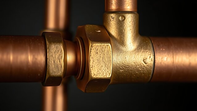 flippant. Close-up of a shiny brass joint connecting two copper pipes. safety posters, maintenance manuals, designed for industrial assembly lines and welding operations, used by engineers.