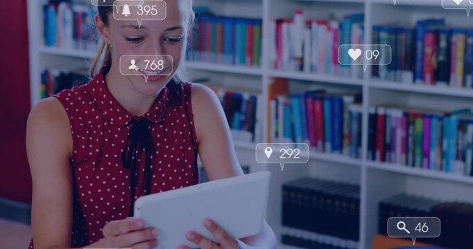 Female teen tapping tablet in library sparking floating social media counters and tracking growth