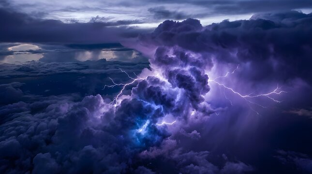 Violent lightning storm illuminating dense rolling cumulus clouds from within dramatic atmospheric electricity