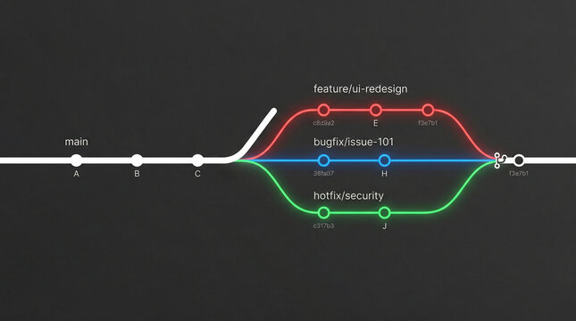 A minimalist "Git Branch" visualization: a main white line splitting into several thin colorful paths on a solid dark-grey background.
