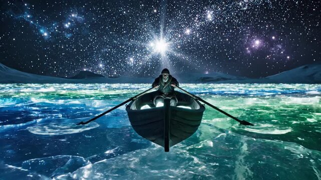 Elderly man rowing boat on glowing icy water under starry sky