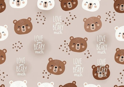Cute brown and white bear faces saying Love you beary much, playful pattern
