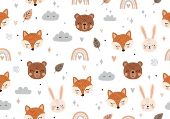Obraz premium Repeating pattern of cute forest animal faces, clouds, rainbows and leaves on white