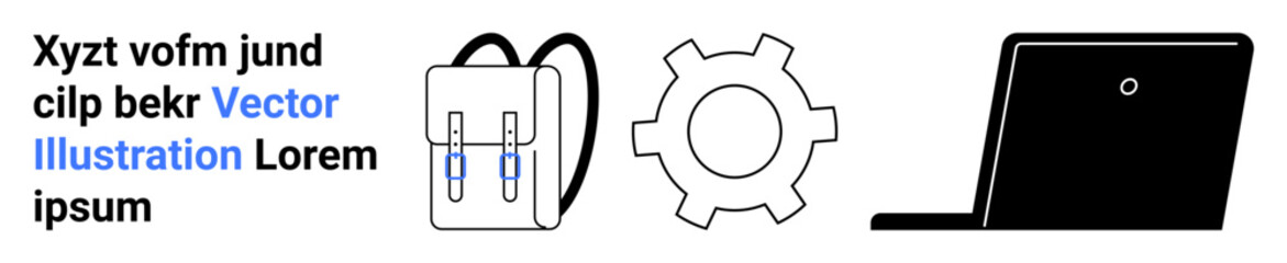 Backpack, gear symbol, and laptop side-by-side, representing themes of education, travel, work, technology, learning career growth and digital tools. Ideal for educational materials technology © robu_s