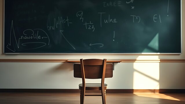 culprit. Empty classroom with a single chair and sunlight through dust. STEM education sheets, lab safety posters, designed for STEM education and laboratory safety posters, used by hr managers.