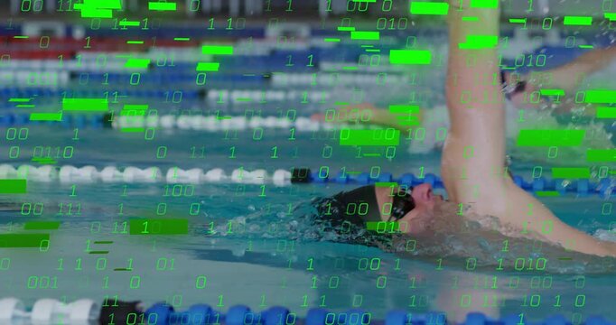 Vertical video: Backstroking swimmers caps racing in pool, lanes splashing, binary overlay moving