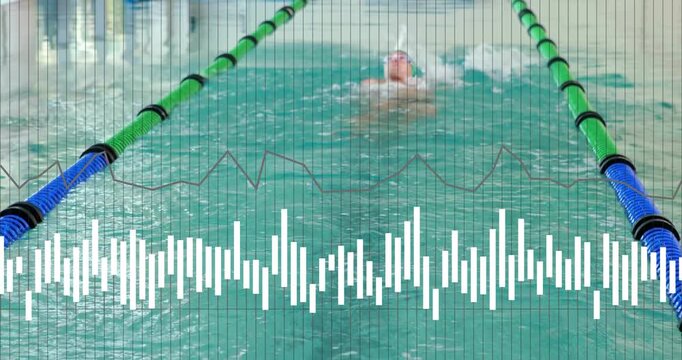 Male swimmer starting lap, backstroking then freestyling for training, lower waveform grid overlay