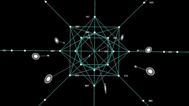 A complex HUD interface showing a rotating cyan geometric star or lattice, complete with floating white numerical data points and orbital circular indicators.