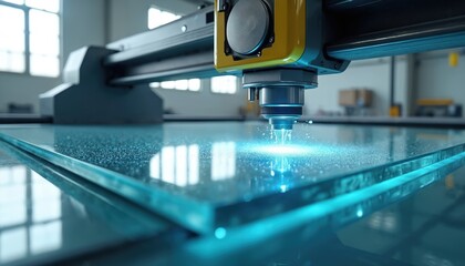 Automated machine cuts glass sheet with precision laser. Tiny glass particles fly from cutting head. Industrial manufacturing process indoors. Factory work.