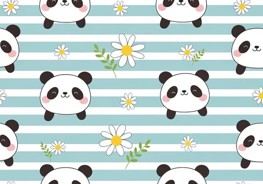 Cute panda and daisy pattern with blue stripes, seamless cartoon animal theme
