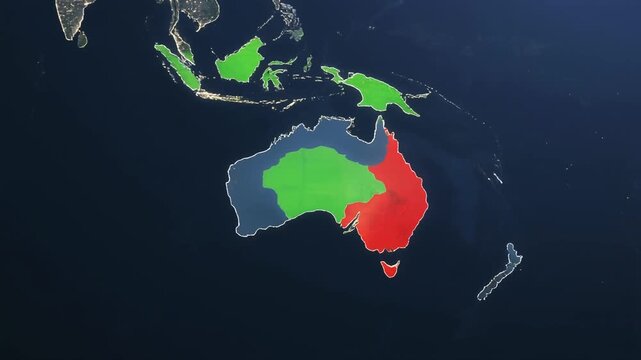 australia and new zealand map with colored regions