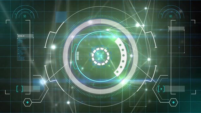 Central HUD reticle assembling, rotating and pulsing on startup, panels appearing, indicating scan