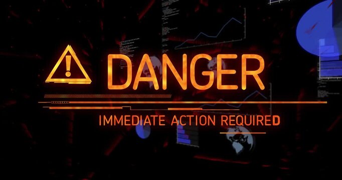Alert graphic animating on dark virtual HUD showing orange warning icon, DANGER headline, charts