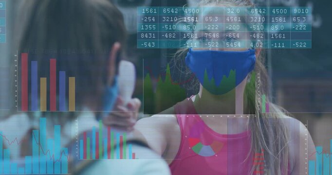 Child holding IR thermometer and scanning woman's forehead in health screening, HUD logging data