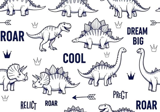 Black and white hand drawn dinosaurs with text pattern for kids