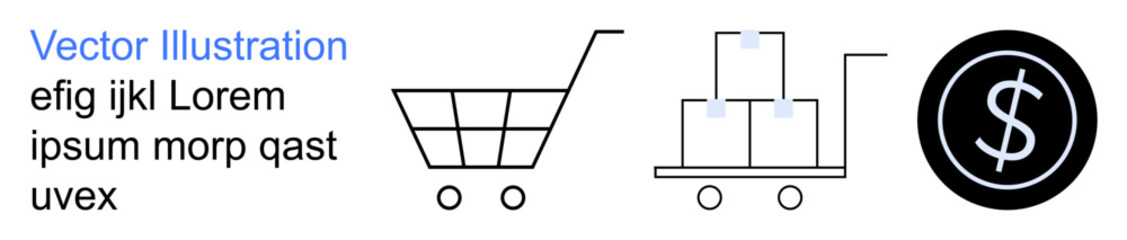 Obraz premium E-commerce, logistics, online shopping, retail, financial transactions, merchandise. Shopping cart, boxes on a trolley and dollar symbol in a circle. E-commerce and logistics