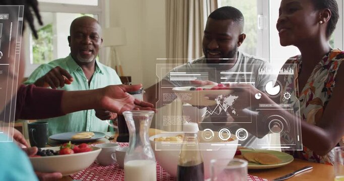 Family group passing bowl after senior man gesturing, HUD marking hands for shared meal tech