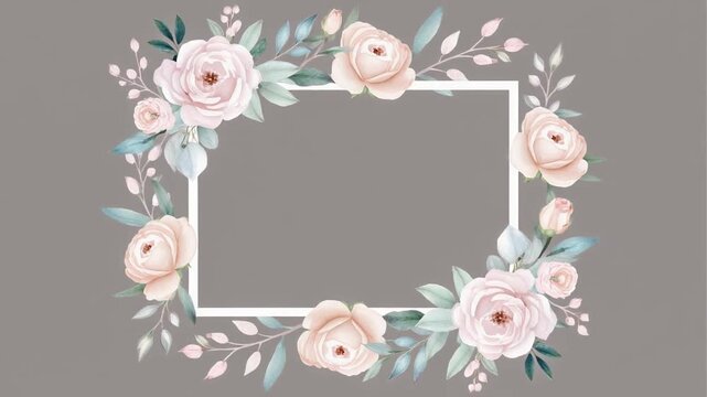 Watercolor floral wreath frame with pink roses and leaves