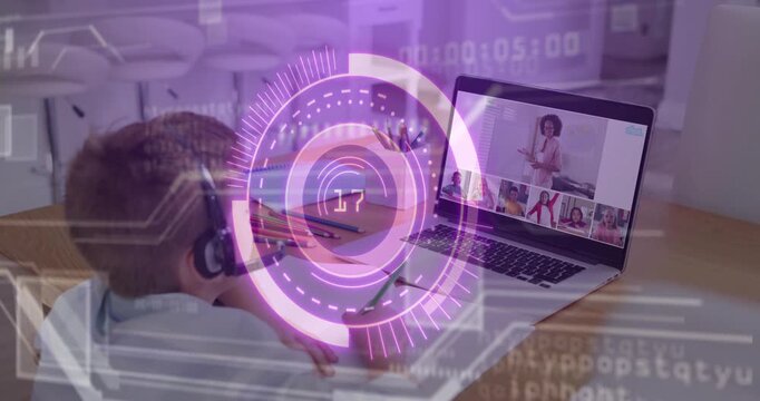 Male student wearing headset watching laptop following lesson, teacher voice initiating HUD readout