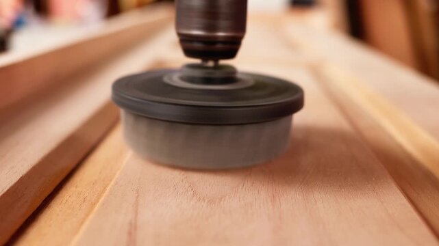 Close-up, hand drill with a brush attachment to refine a wooden door panel in his workshop