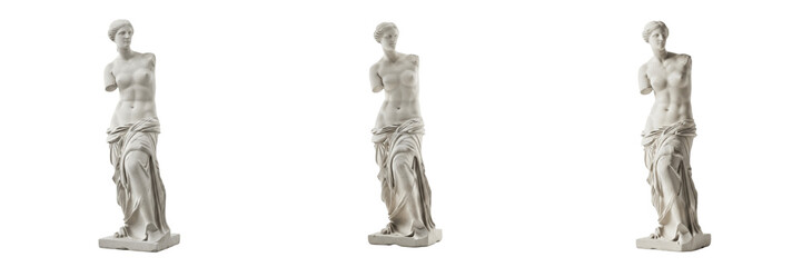 Obraz premium Venus de Milo classical Greek sculpture isolated on white background random angle full statue on white floor Aphrodite of Milos ancient Greek goddess statue Hellenistic marble masterpiece museum landm