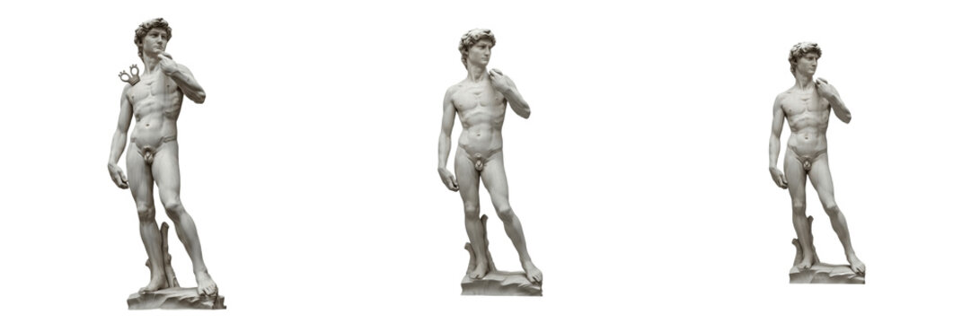 Renaissance marble statue of David isolated on white background random angle full sculpture on white floor biblical hero David Florence Italy Renaissance sculpture symbol Italian cultural landmark