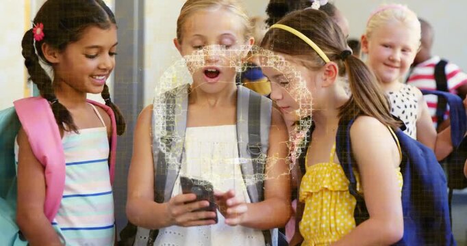 Students gathering in hall, two tapping smartphone and showing map overlay over phone for education