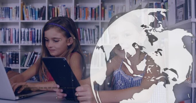 Girls using tablets in library with globe growing between frames 2-3, over faces, showing learning