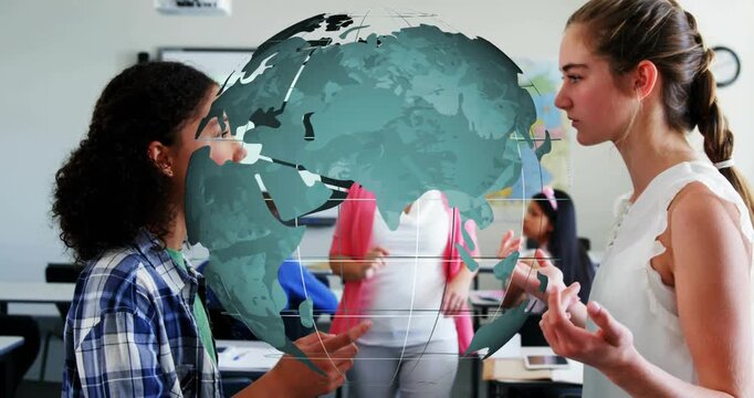 Two teens arguing in school, globe rotating revealing teacher stepping between defusing conflict