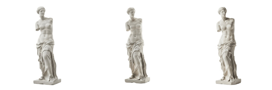 Venus de Milo classical Greek sculpture isolated on white background random angle full statue on white floor Aphrodite of Milos ancient Greek goddess statue Hellenistic marble masterpiece museum landm