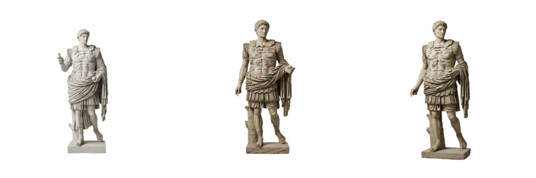 Augustus of Prima Porta statue isolated on white background random angle marble sculpture on white floor Roman emperor Augustus monument ancient Rome imperial statue historical Roman landmark