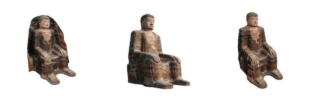 Buddha of Leshan statue isolated on white background random angle full sculpture on white floor Leshan Giant Buddha Sichuan China monumental stone sculpture 佛像 Buddhist heritage landmark