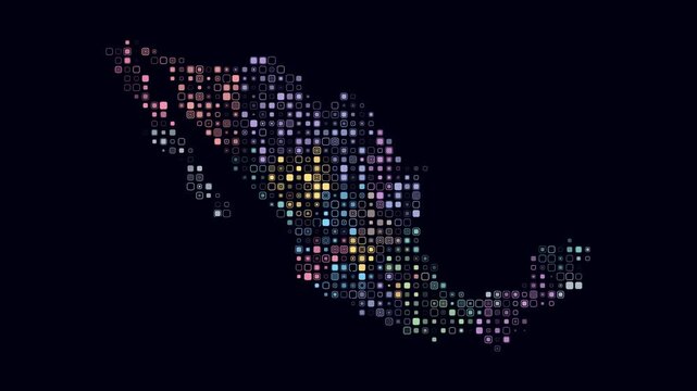 Mexico animated country shape. Pulsating colored dots on the map of the country. Small size rounded square blocks. Digital style Mexico map on dark background. Simple animation video.