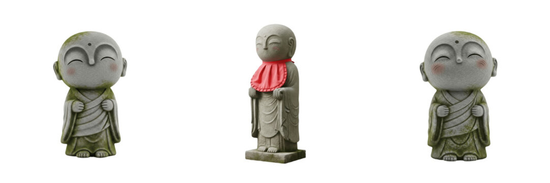 Jizo statue isolated on white background random angle full sculpture on white floor Japanese Ojizo Buddhist deity stone statue Ksitigarbha compassion guardian monument