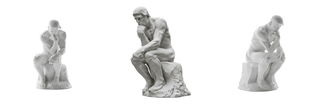 The Thinker Tokyo statue isolated on white background random angle full sculpture on white floor Rodin Le Penseur bronze sculpture Japan Roppongi Hills museum monumental contemplation landmark