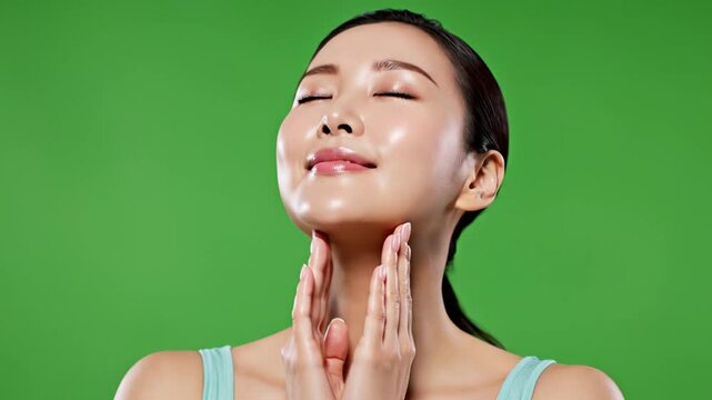 Asian woman demonstrating self-care skincare routine on green screen background for beauty