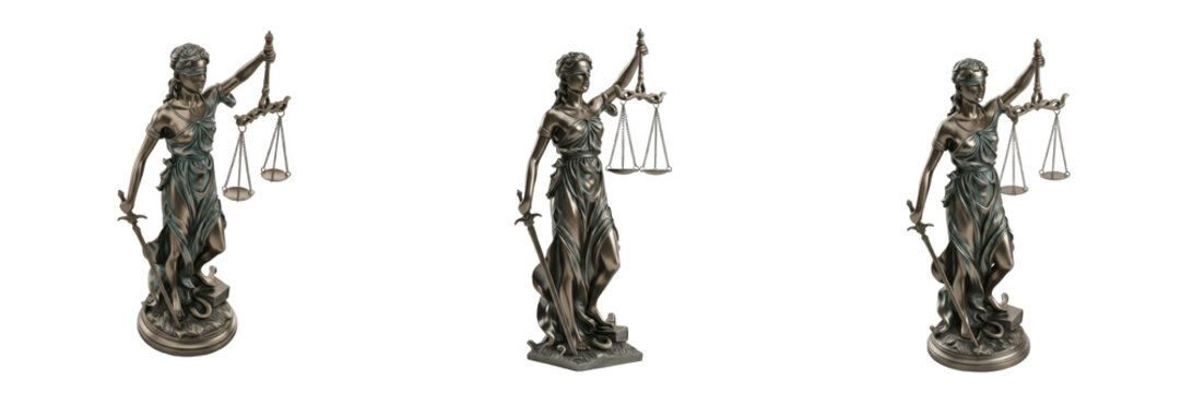 Lady Justice statue isolated on white background random angle full sculpture on white floor Justicia blindfold scale sword Roman law symbol courthouse landmark