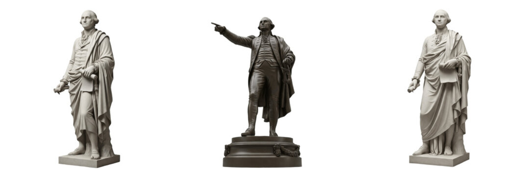 George Washington statue isolated on white background random angle full sculpture on white floor United States first president marble sculpture Washington DC historical landmark American monument
