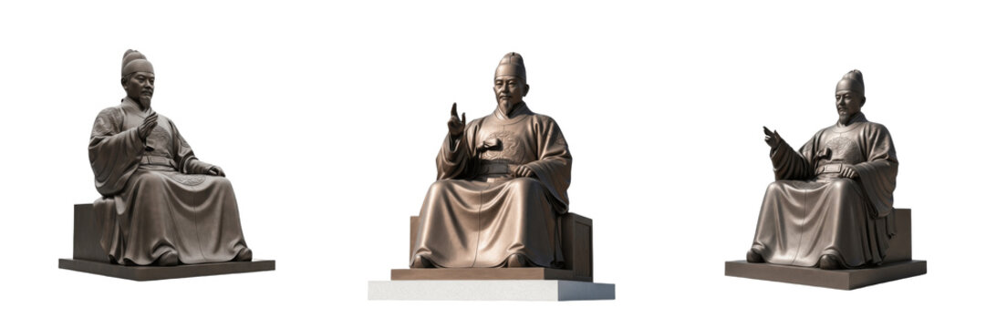 King Sejong statue isolated on white background random angle full sculpture on white floor Seoul South Korea Hangul creator bronze sculpture Korean heritage landmark historical monument