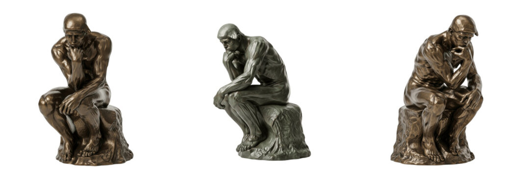 The Thinker bronze cast statue isolated on white background random angle full sculpture on white floor Rodin Le Penseur bronze sculpture France Paris museum monumental contemplation art landmark