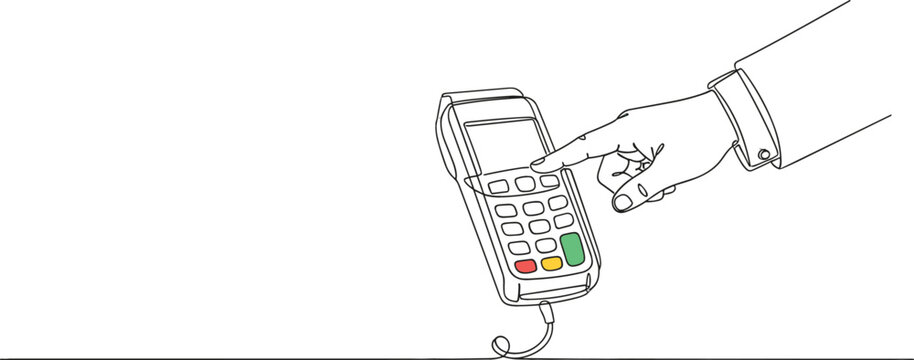 Minimalist one line drawing of a hand entering a pin code on a credit card terminal
