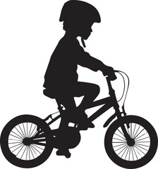 Naklejka premium Black silhouette of a child riding a small bicycle with a helmet, side profile. Vector silhouette of child riding bicycle