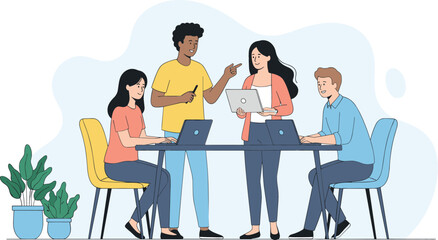 Fototapeta premium Flat vector illustration of a diverse business team collaborating on laptops in a modern office environment