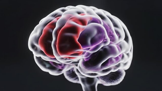 Detailed translucent human brain showing highlighted areas and neural pathways